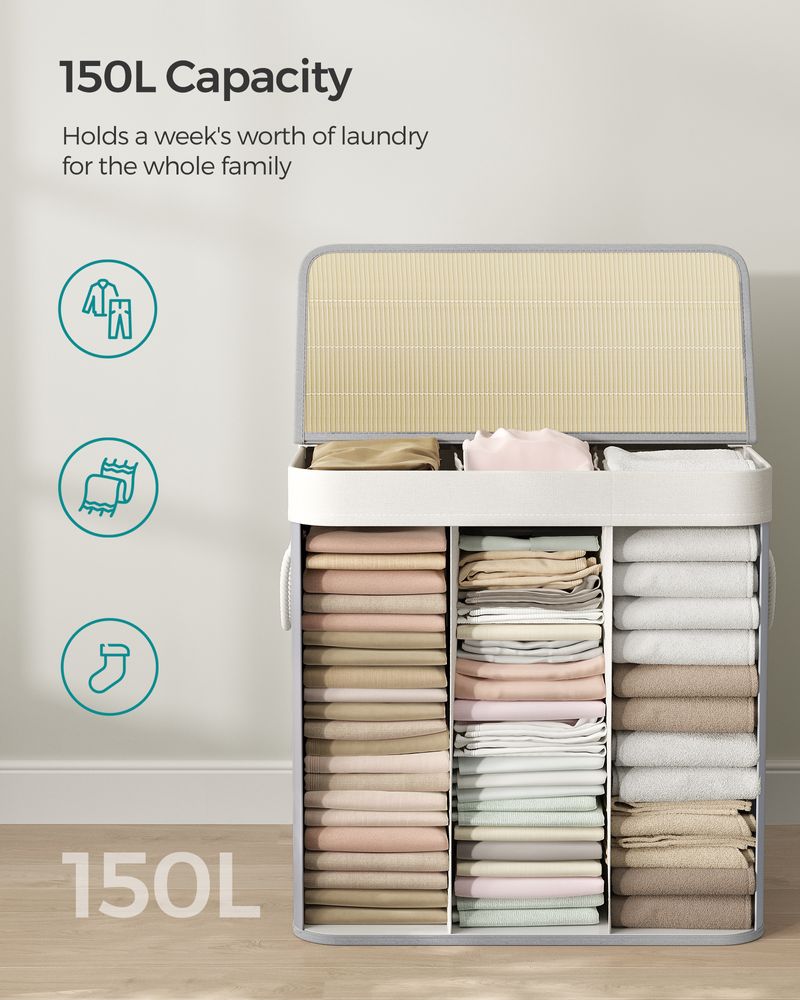 Three Section Laundry Hamper | Bamboo Basket With Lid