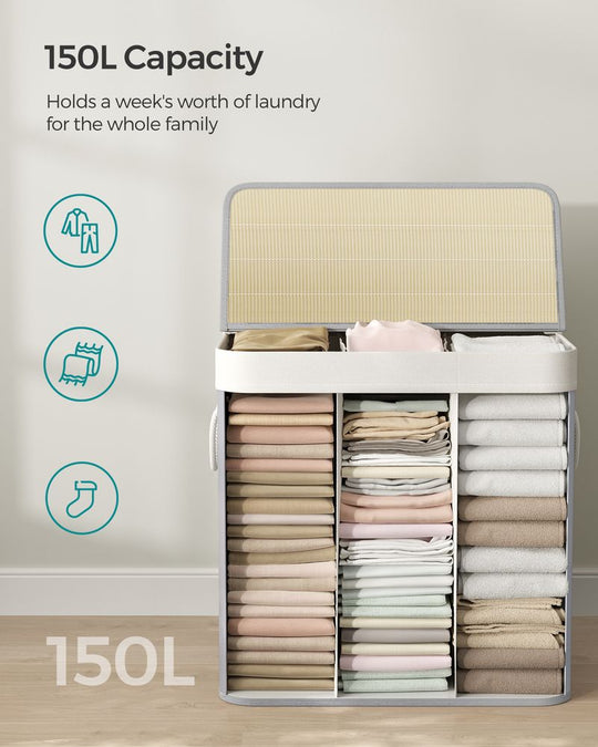 Three Section Laundry Hamper | Bamboo Basket With Lid