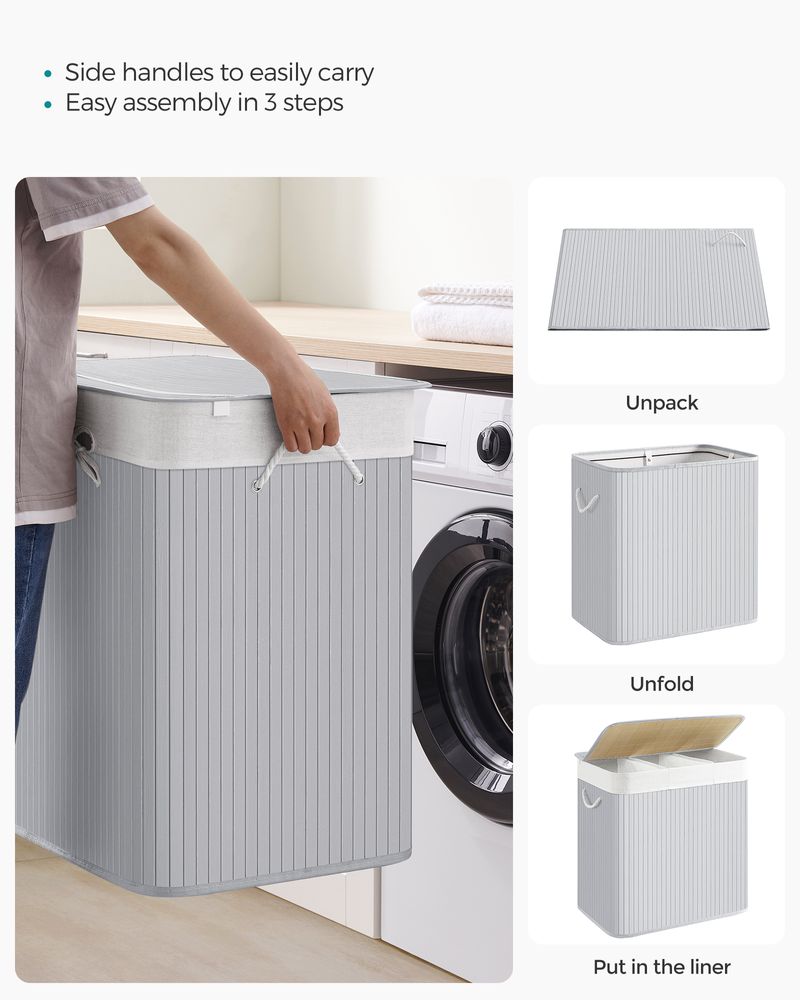 Three Section Laundry Hamper | Bamboo Basket With Lid