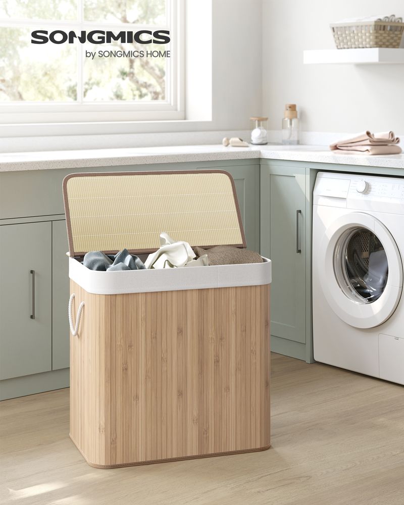 Three Section Laundry Hamper | Bamboo Basket With Lid