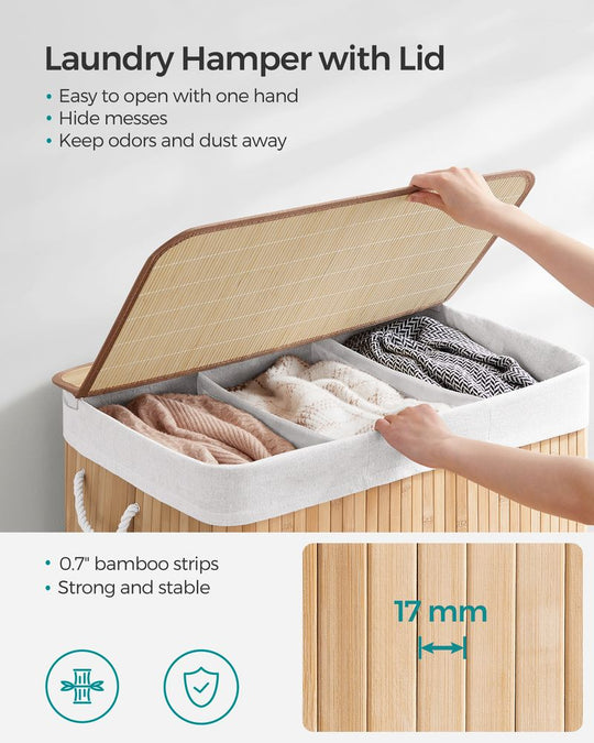 Three Section Laundry Hamper | Bamboo Basket With Lid