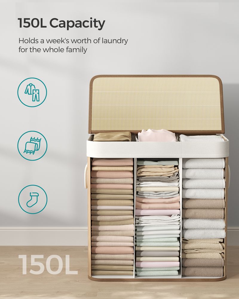 Three Section Laundry Hamper | Bamboo Basket With Lid