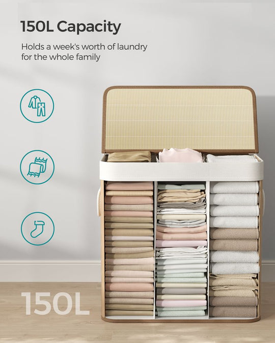 Three Section Laundry Hamper | Bamboo Basket With Lid