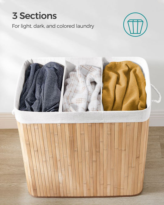 Three Section Laundry Hamper | Bamboo Basket With Lid