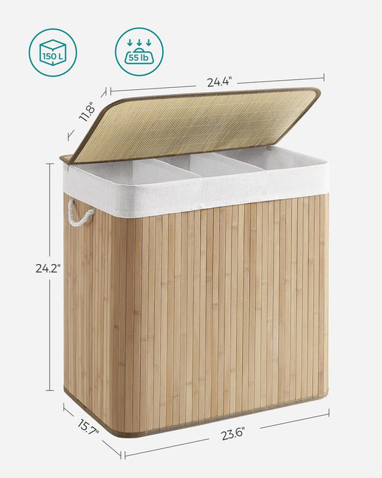Three Section Laundry Hamper | Bamboo Basket With Lid