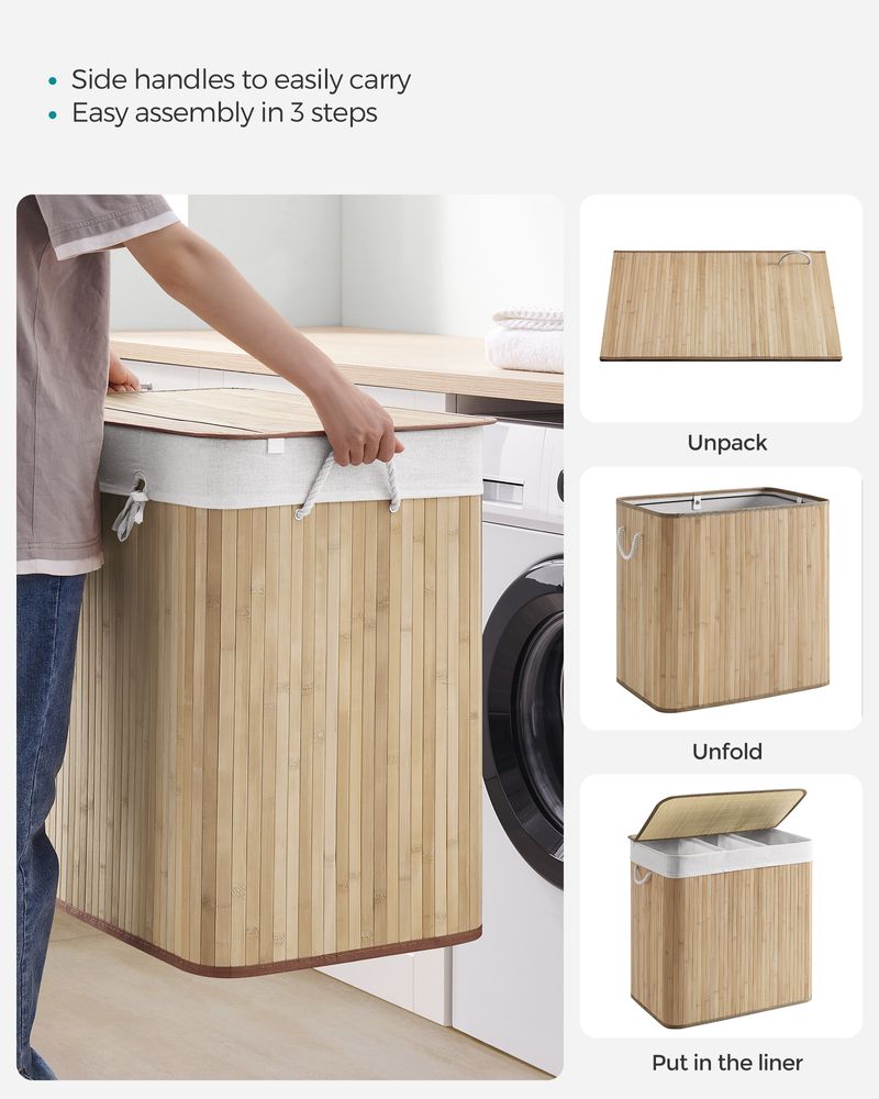 Three Section Laundry Hamper | Bamboo Basket With Lid