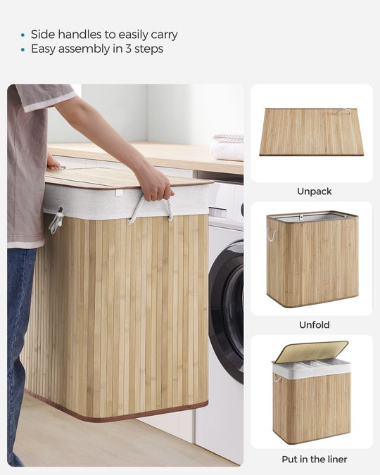 Three Section Laundry Hamper | Bamboo Basket With Lid