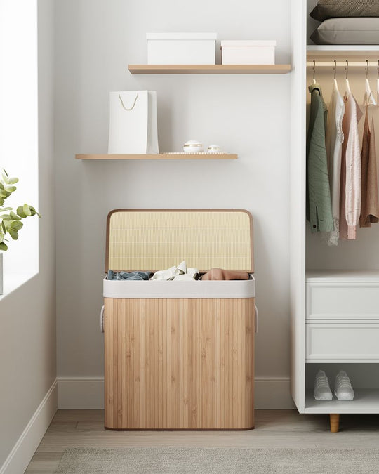 Three Section Laundry Hamper | Bamboo Basket With Lid