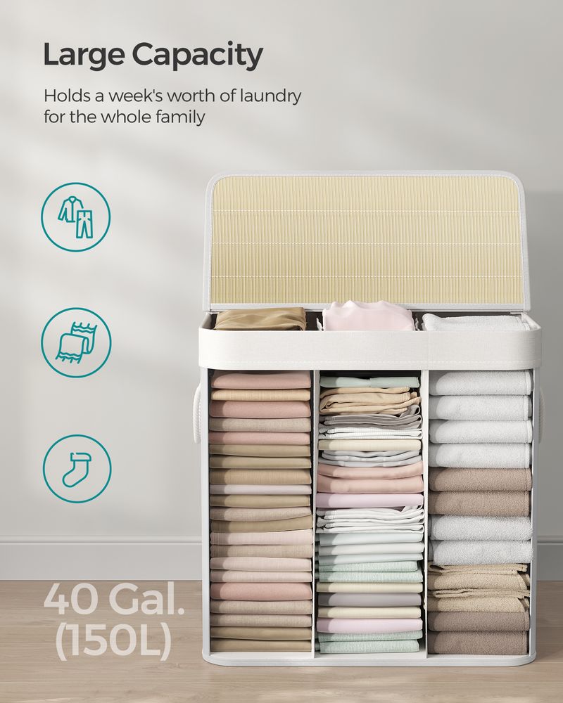 Three Section Laundry Hamper | Bamboo Basket With Lid
