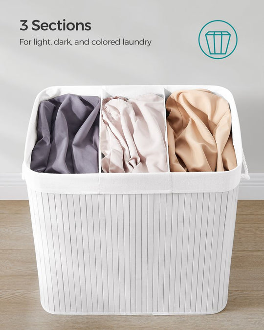 Three Section Laundry Hamper | Bamboo Basket With Lid