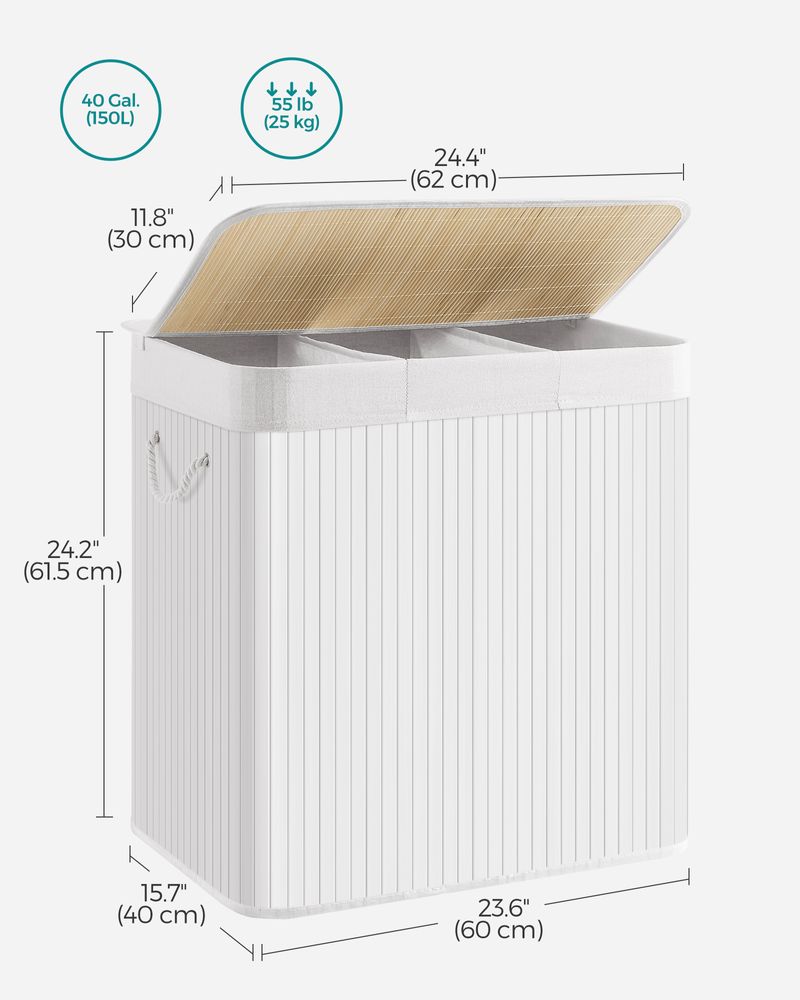 Three Section Laundry Hamper | Bamboo Basket With Lid