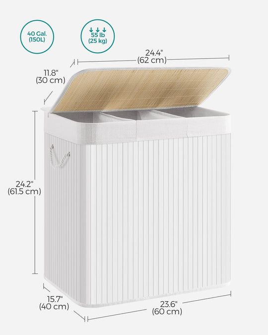 Three Section Laundry Hamper | Bamboo Basket With Lid