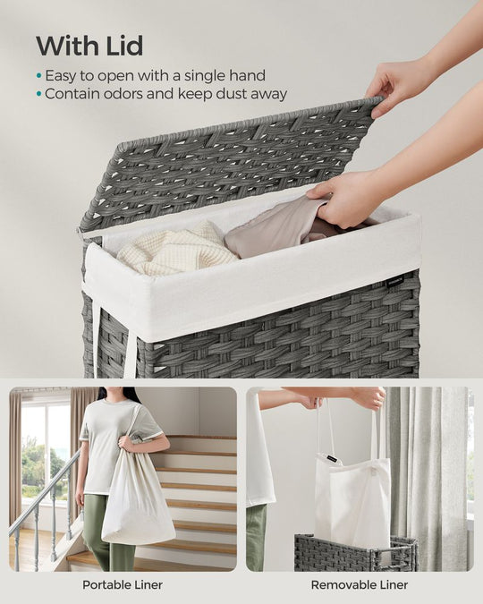 Slim Woven Laundry Hamper | Lidded Basket With Carry Handles