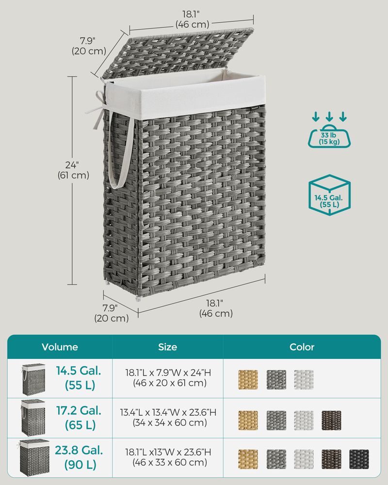 Slim Woven Laundry Hamper | Lidded Basket With Carry Handles