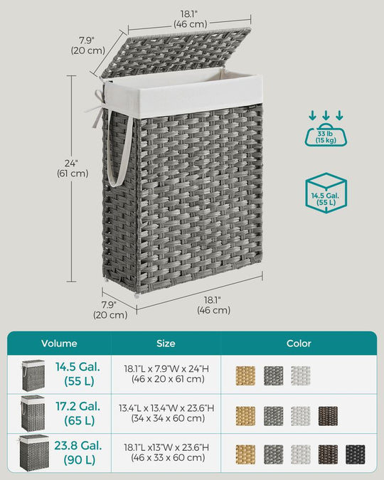 Slim Woven Laundry Hamper | Lidded Basket With Carry Handles