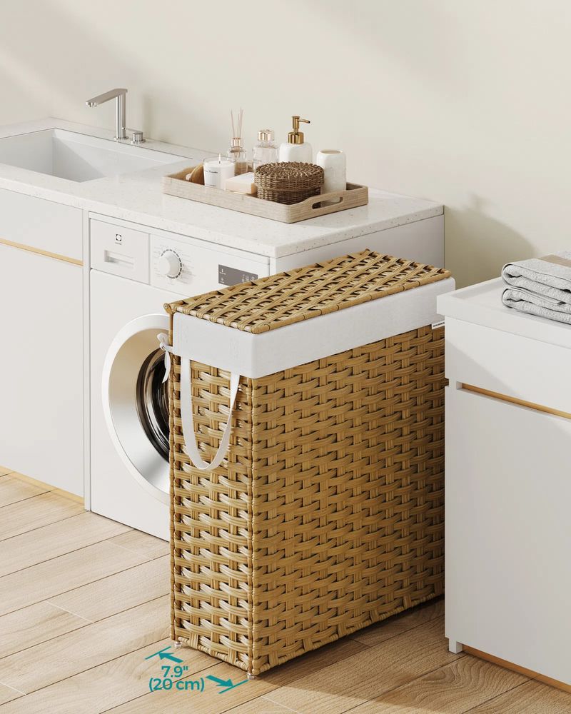 Slim Woven Laundry Hamper | Lidded Basket With Carry Handles