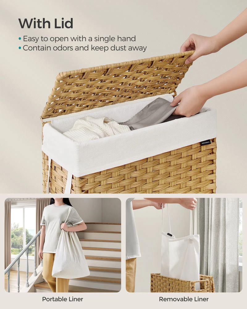 Slim Woven Laundry Hamper | Lidded Basket With Carry Handles