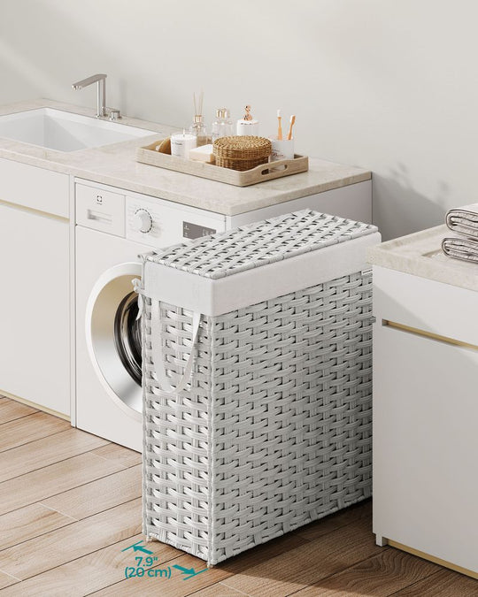 Slim Woven Laundry Hamper | Lidded Basket With Carry Handles