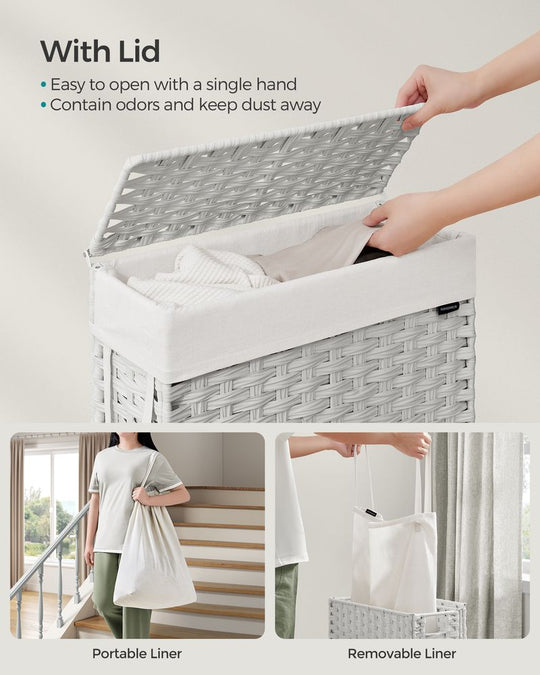 Slim Woven Laundry Hamper | Lidded Basket With Carry Handles