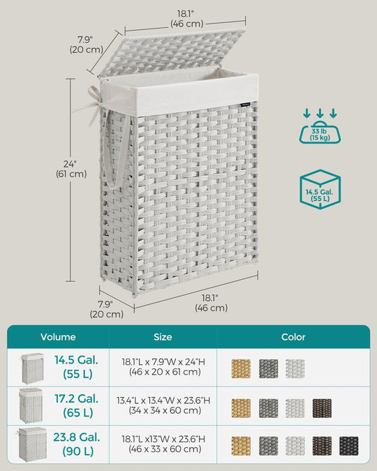 Slim Woven Laundry Hamper | Lidded Basket With Carry Handles