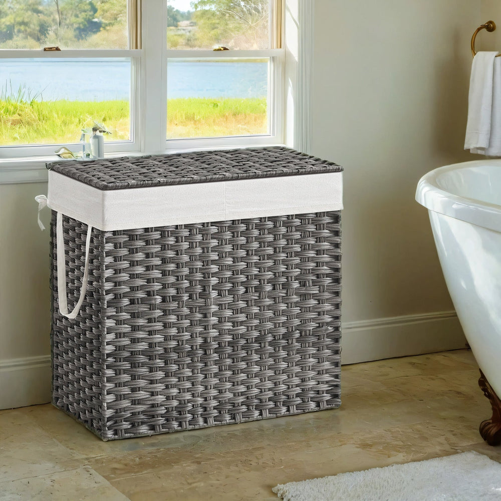 Woven Clothes Hamper | Two-Section Lidded Laundry Basket