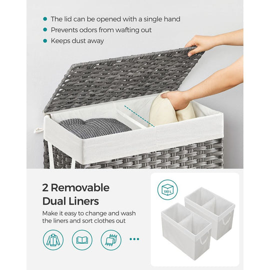 Woven Clothes Hamper | Two-Section Lidded Laundry Basket