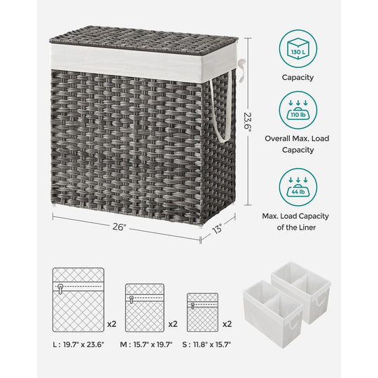 Woven Clothes Hamper | Two-Section Lidded Laundry Basket