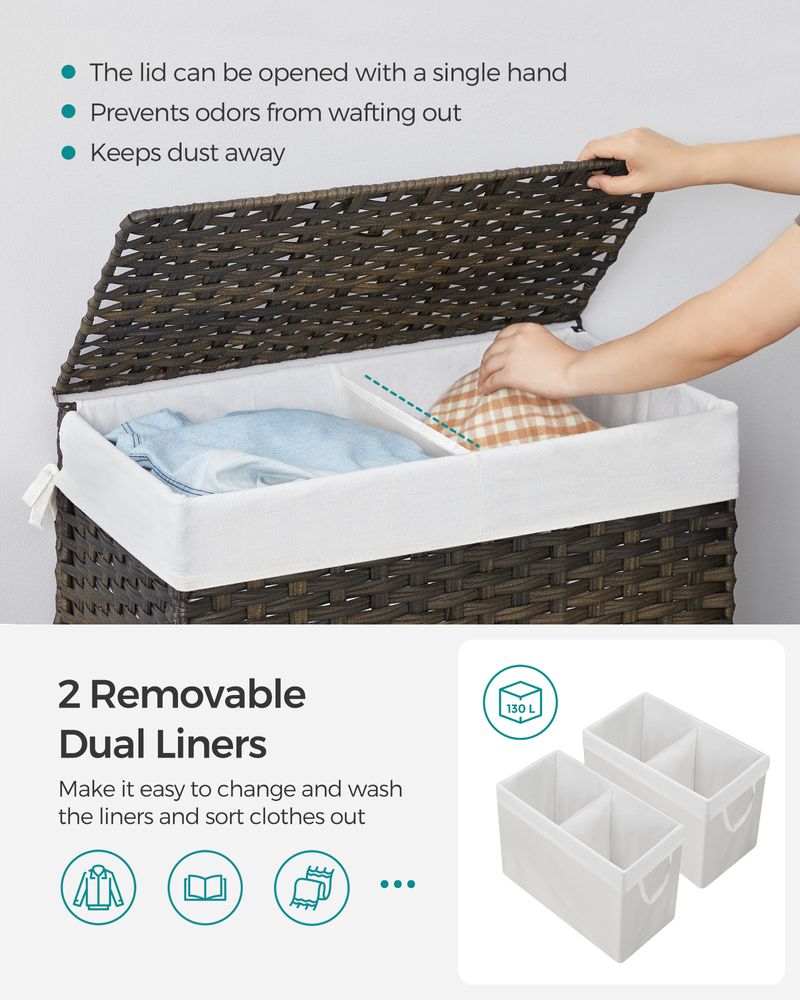 Woven Clothes Hamper | Two-Section Lidded Laundry Basket