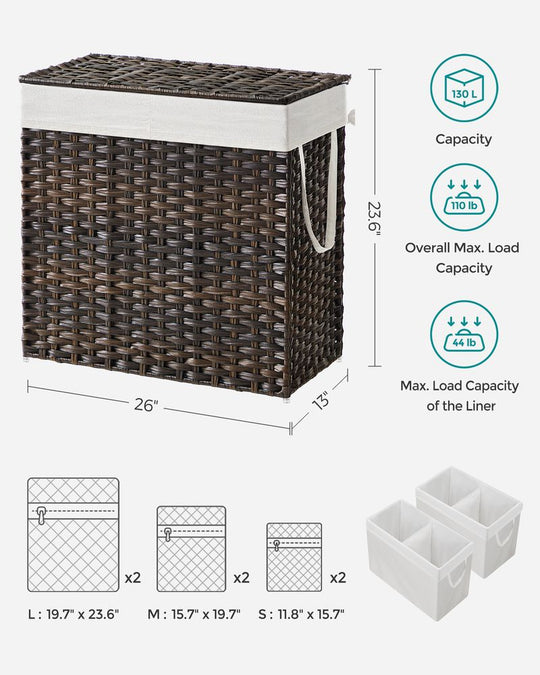 Woven Clothes Hamper | Two-Section Lidded Laundry Basket