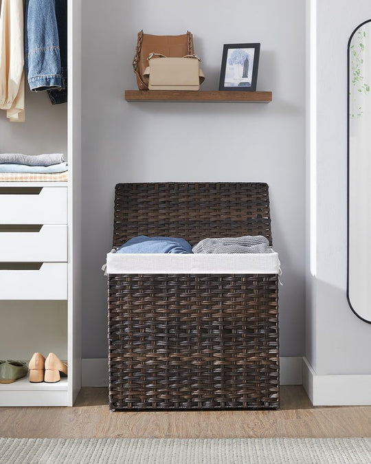 Woven Clothes Hamper | Two-Section Lidded Laundry Basket