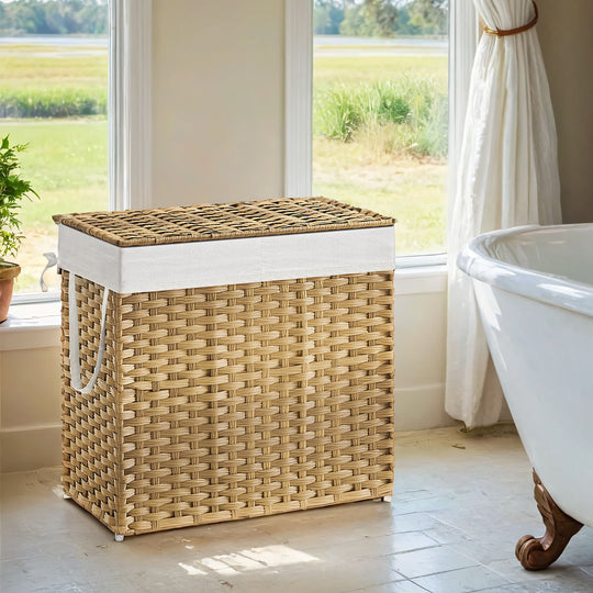 Woven Clothes Hamper | Two-Section Lidded Laundry Basket