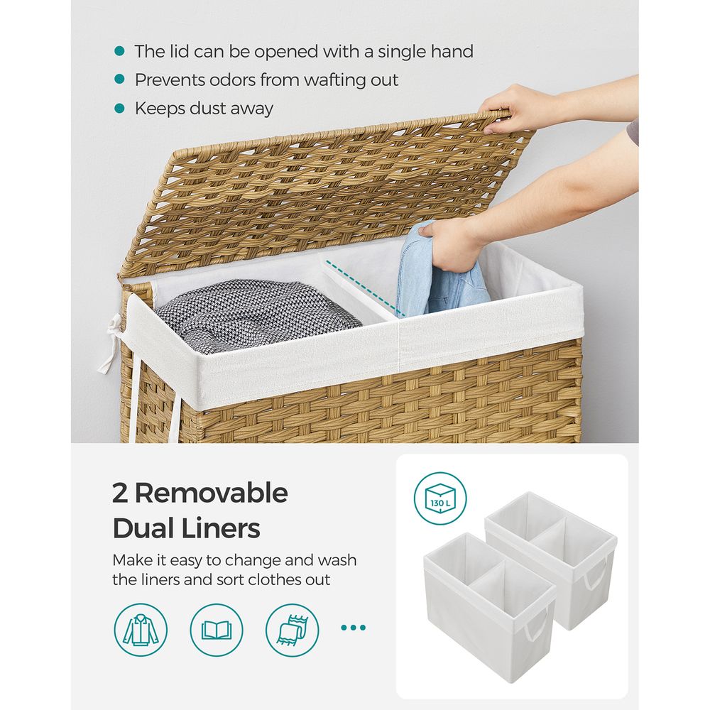 Woven Clothes Hamper | Two-Section Lidded Laundry Basket