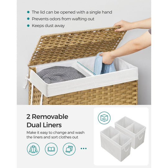Woven Clothes Hamper | Two-Section Lidded Laundry Basket