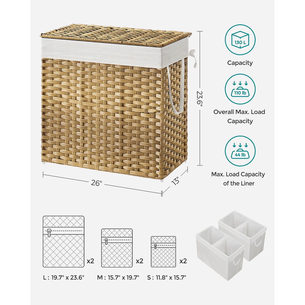 Woven Clothes Hamper | Two-Section Lidded Laundry Basket