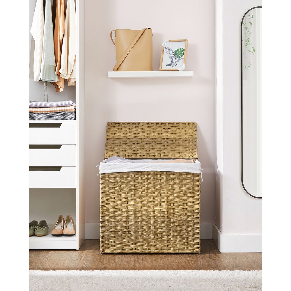 Woven Clothes Hamper | Two-Section Lidded Laundry Basket