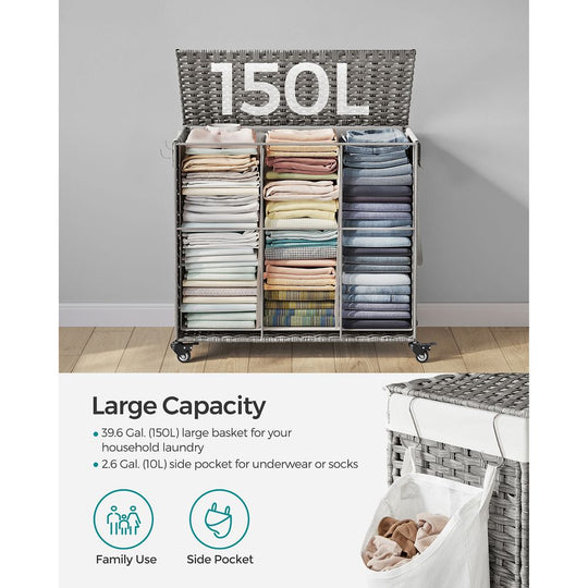 Rolling Laundry Basket | Woven Hamper With Lid And Wheels