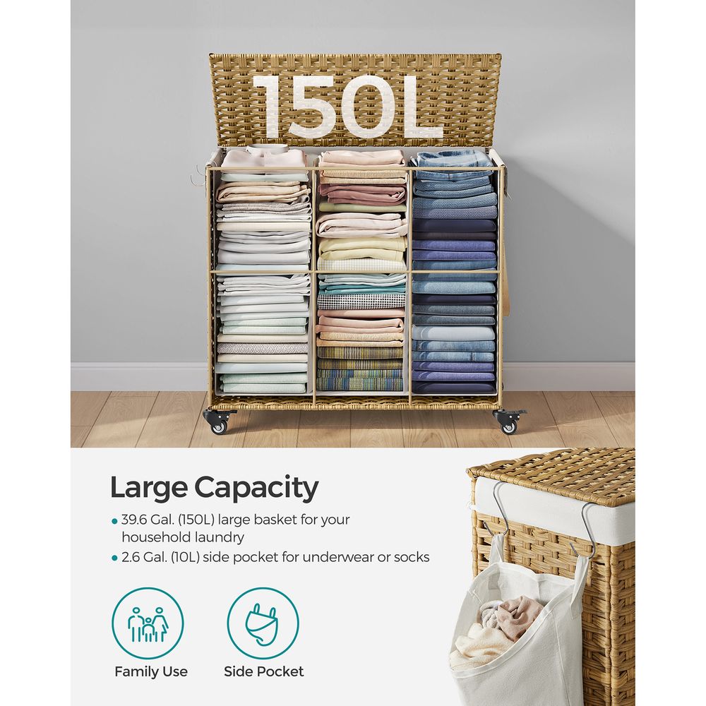 Rolling Laundry Basket | Woven Hamper With Lid And Wheels