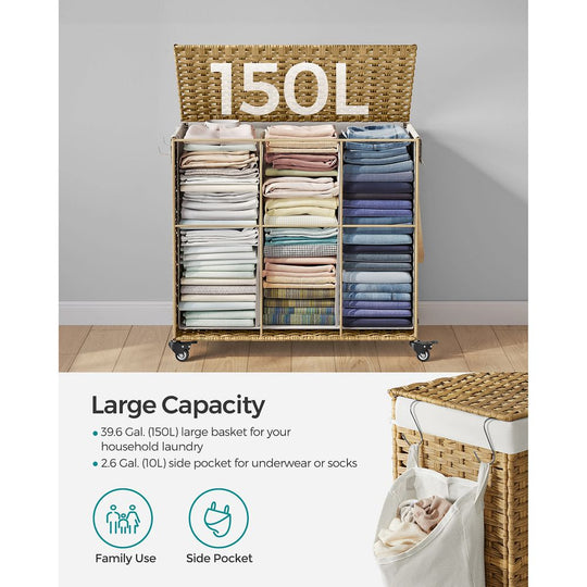Rolling Laundry Basket | Woven Hamper With Lid And Wheels
