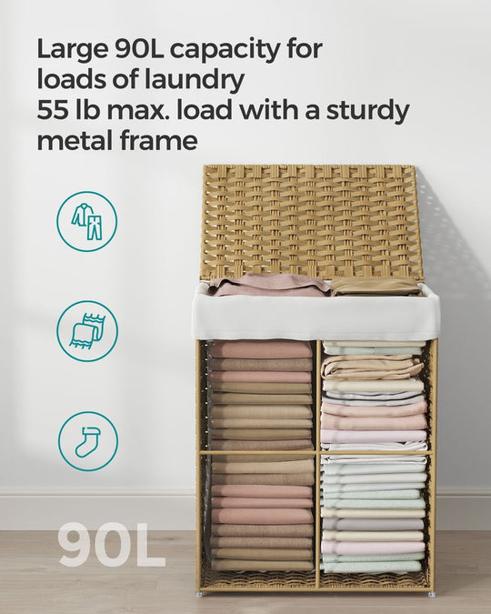Woven Laundry Basket | Lidded Hamper With Fabric Liner