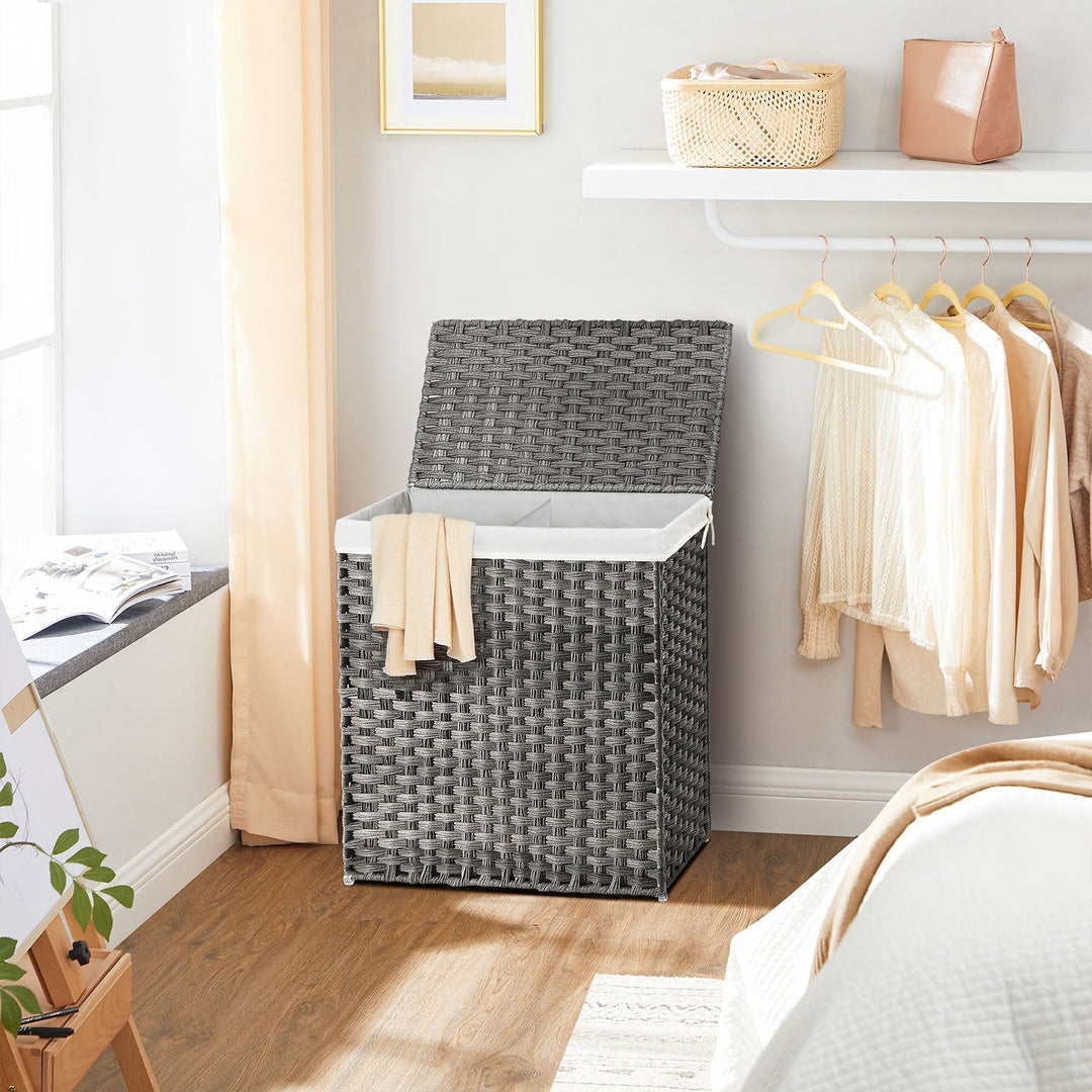 Woven Clothes Hamper | Two-Section Lidded Laundry Basket
