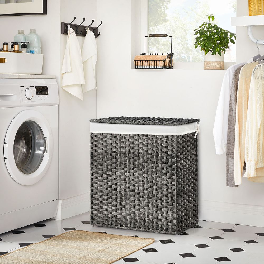 Woven Clothes Hamper | Two-Section Lidded Laundry Basket