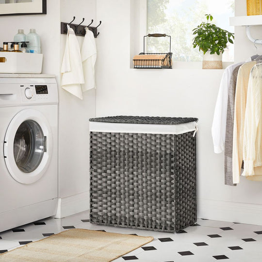 Woven Clothes Hamper | Two-Section Lidded Laundry Basket
