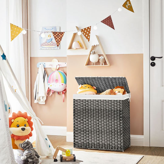 Woven Clothes Hamper | Two-Section Lidded Laundry Basket