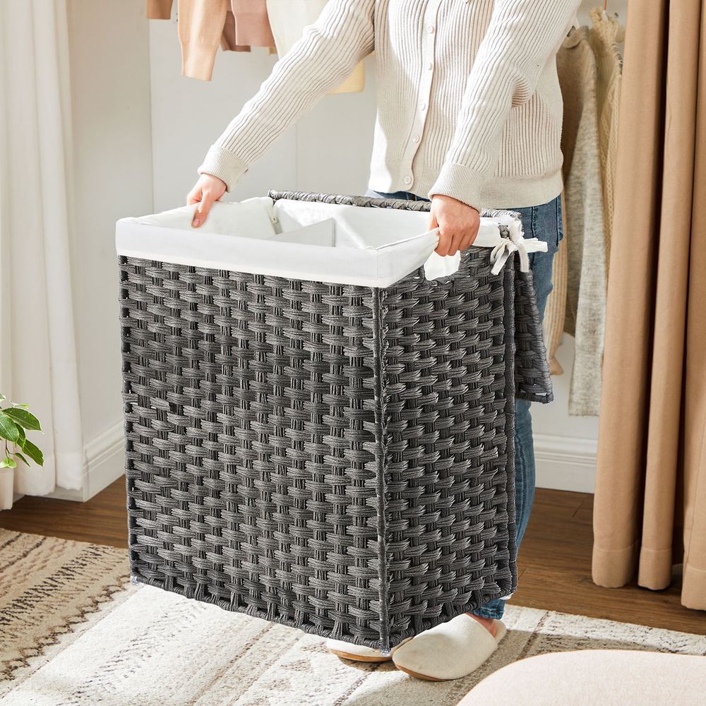 Woven Clothes Hamper | Two-Section Lidded Laundry Basket