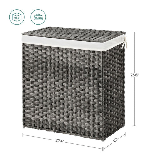 Woven Clothes Hamper | Two-Section Lidded Laundry Basket
