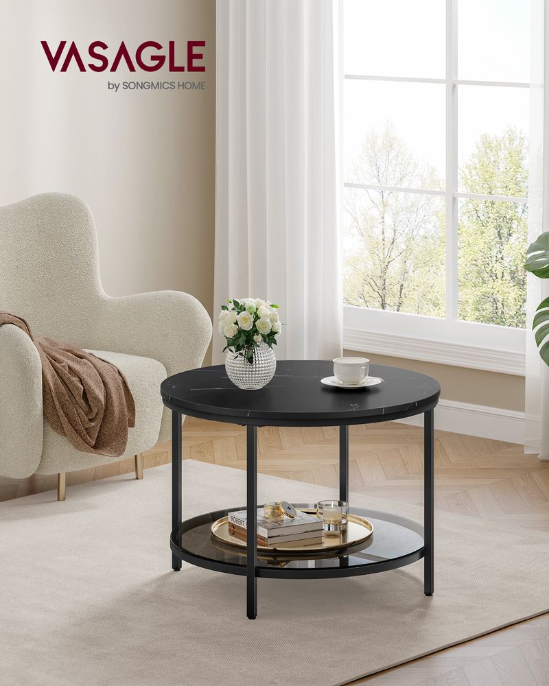 Round Coffee Table | Faux Marble Top With Glass Shelf