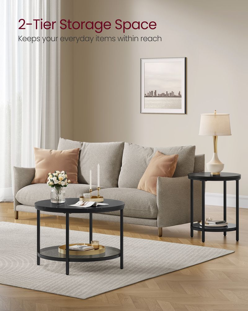 Round Coffee Table | Faux Marble Top With Glass Shelf