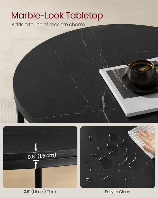Round Coffee Table | Faux Marble Top With Glass Shelf