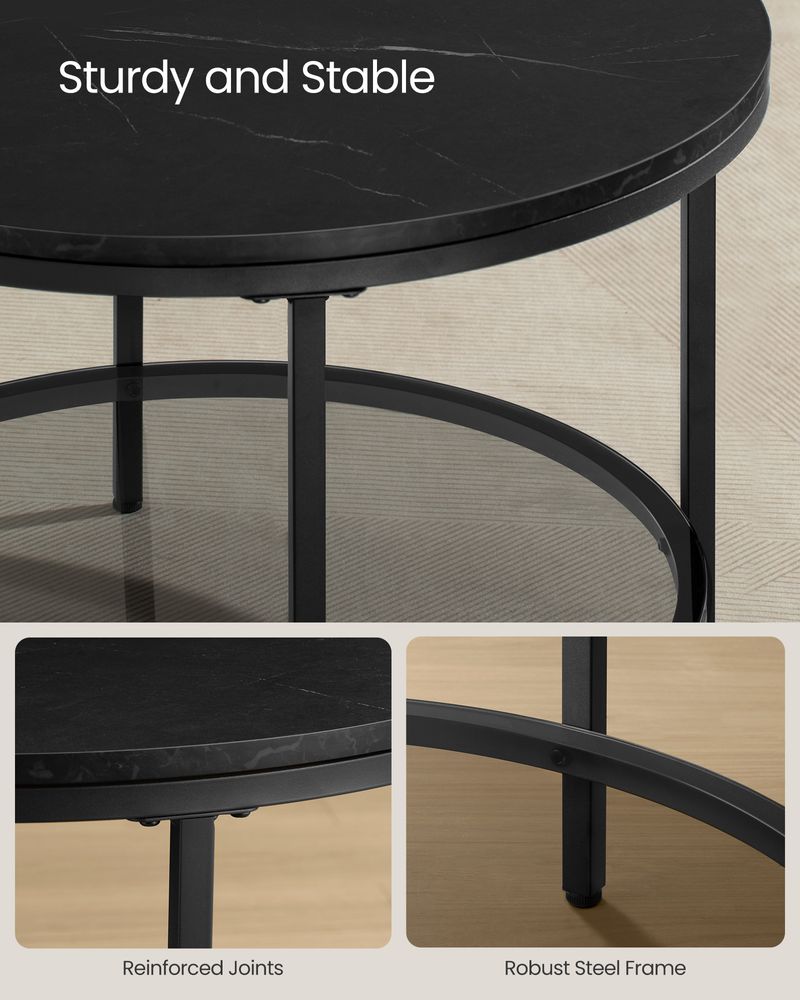 Round Coffee Table | Faux Marble Top With Glass Shelf
