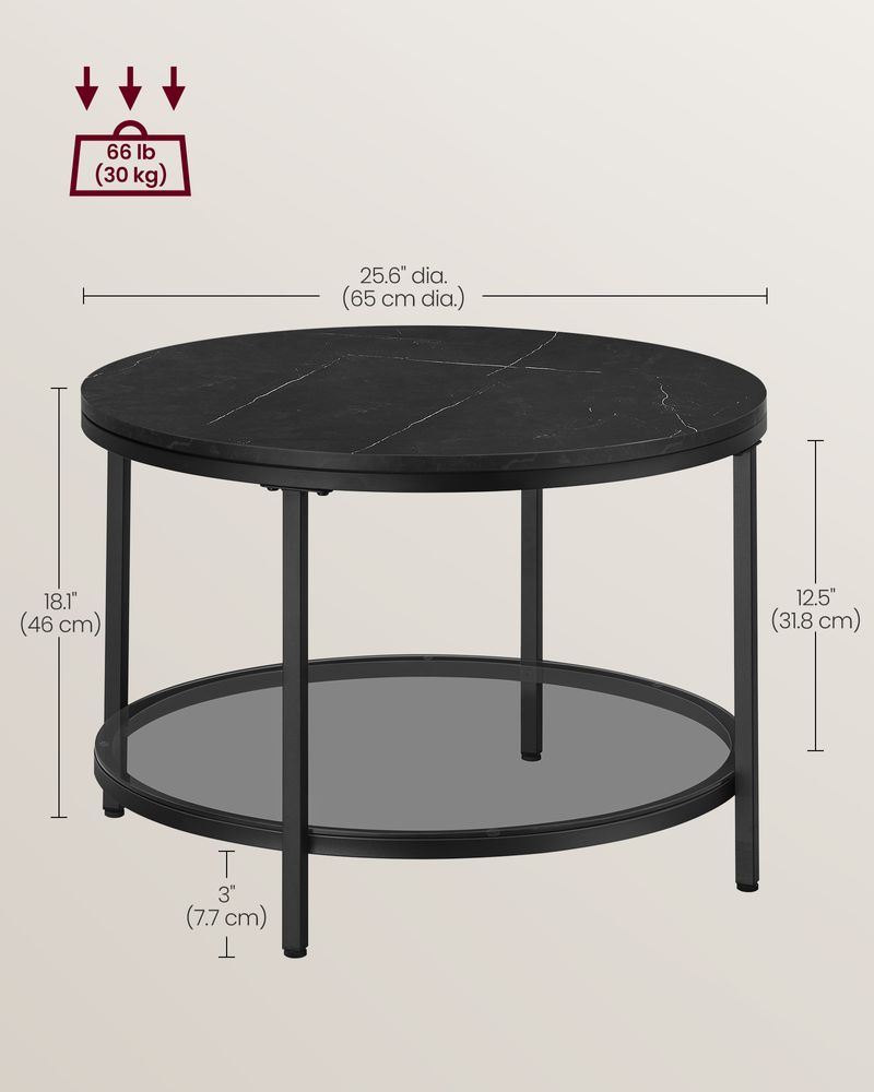 Round Coffee Table | Faux Marble Top With Glass Shelf